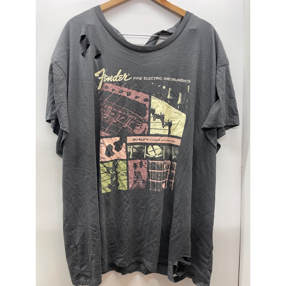 Torrid Fender Womens Distressed Graphic T-Shirt Open Back Charcoal Gray Size 4X
